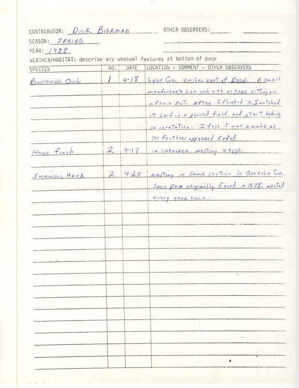 List of birds and locations contributed by Dick Bierman. This item was used as supporting documentation for the Iowa Ornithologists Union Quarterly field report of spring 1988.