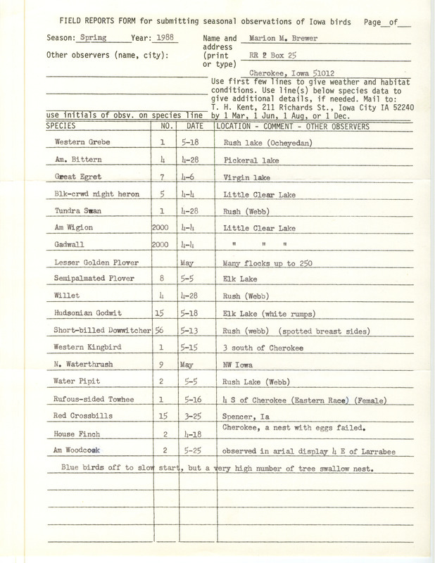 List of birds and locations contributed by Marion M. Brewer. This item was used as supporting documentation for the Iowa Ornithologists Union Quarterly field report of spring 1988.