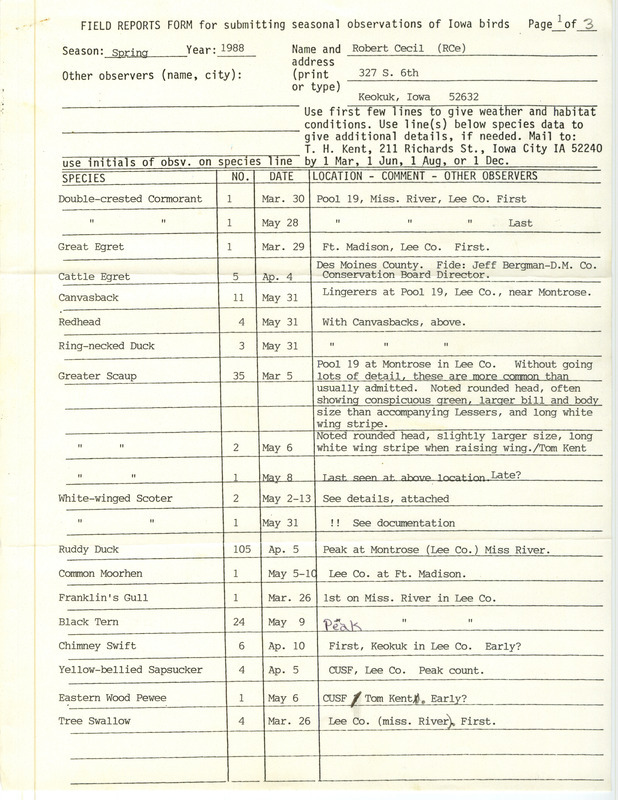 List of birds and locations contributed by Robert I. Cecil with observers Thomas H. Kent, James P. Sandrock, John Cecil and others. This item was used as supporting documentation for the Iowa Ornithologists Union Quarterly field report of spring 1988.