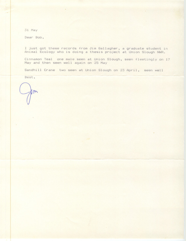 Field notes contributed by James J. Dinsmore in a letter to Robert K. Myers reporting bird observations by Jim Gallagher. This item was used as supporting documentation for the Iowa Ornithologists Union Quarterly field report of spring 1988.