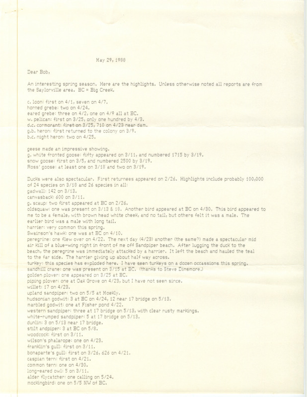 Field notes contributed by Bery Engebretsen in a letter to Robert K. Myers. This item was used as supporting documentation for the Iowa Ornithologists Union Quarterly field report of spring 1988.