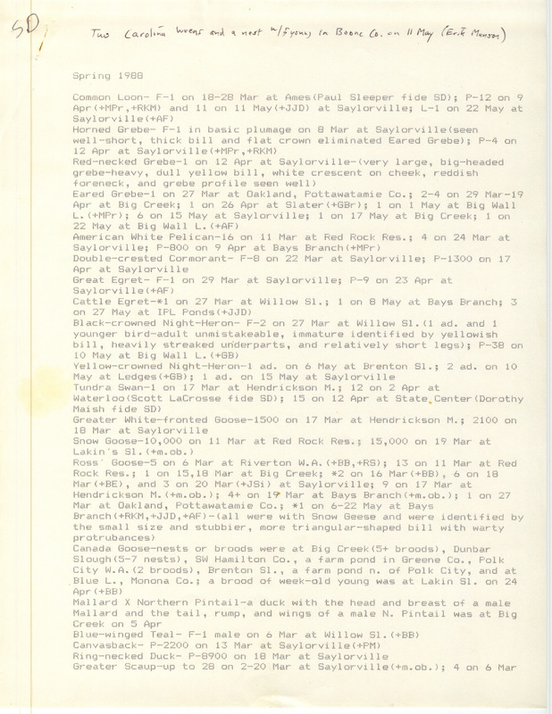 List of birds and locations contributed by Stephen J. Dinsmore with detailed descriptions. The field notes include bird sightings from several observers. This item was used as supporting documentation for the Iowa Ornithologists Union Quarterly field report of spring 1988.