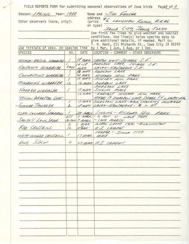 List of birds and locations contributed by James L. Fuller. This item was used as supporting documentation for the Iowa Ornithologists Union Quarterly field report of spring 1988.