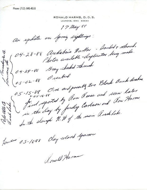 List of birds and locations contributed by Ronald Harms with observers Judith Carlson and Ronald Reese. This item was used as supporting documentation for the Iowa Ornithologists Union Quarterly field report of spring 1988.