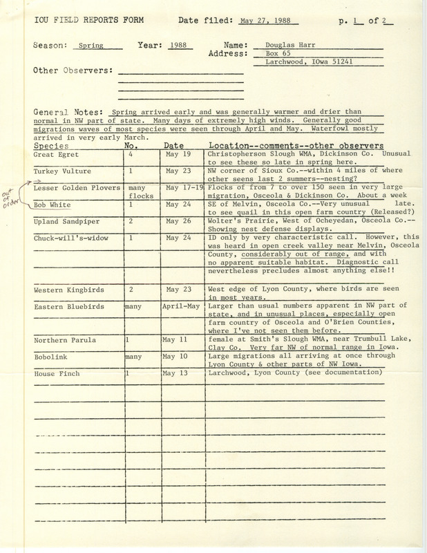 List of birds and locations contributed by Douglas C. Harr with observers Rory Martinson, Gary Wee and others. This item was used as supporting documentation for the Iowa Ornithologists Union Quarterly field report of spring 1988.