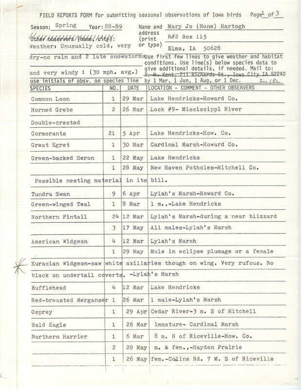 List of birds and locations contributed by Mary Jo Hartogh. This item was used as supporting documentation for the Iowa Ornithologists Union Quarterly field report of spring 1988.