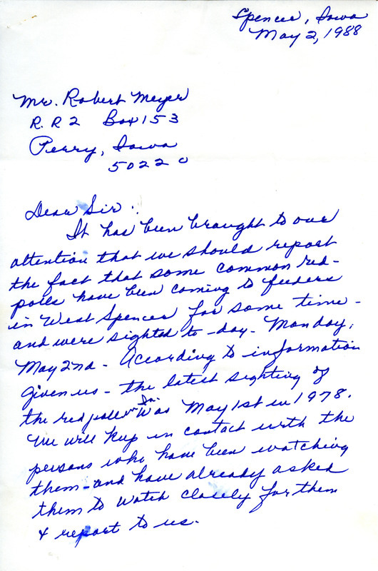 Field notes contributed by Dixie Kanago in a letter to Robert K. Myers regarding sightings of Common Redpolls and Red Crossbills. This item was used as supporting documentation for the Iowa Ornithologists Union Quarterly field report of spring 1988.