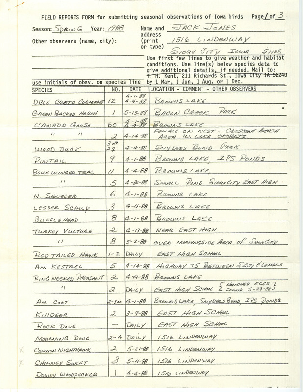 List of birds and locations contributed by Jack Jones. This item was used as supporting documentation for the Iowa Ornithologists Union Quarterly field report of spring 1988.