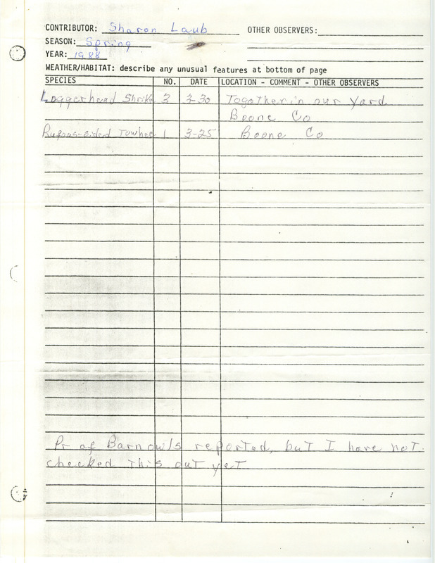 List of birds and locations contributed by Sharon Laub. This item was used as supporting documentation for the Iowa Ornithologists Union Quarterly field report of spring 1988.