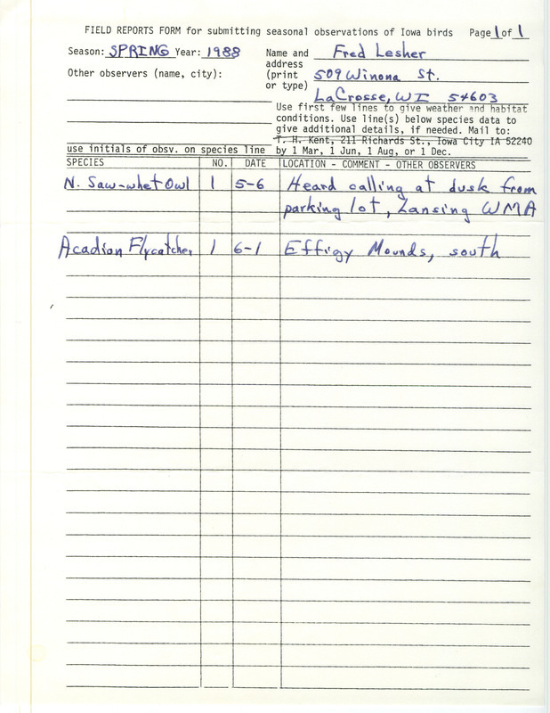 List of birds and locations contributed by Fred Lesher. This item was used as supporting documentation for the Iowa Ornithologists Union Quarterly field report of spring 1988.