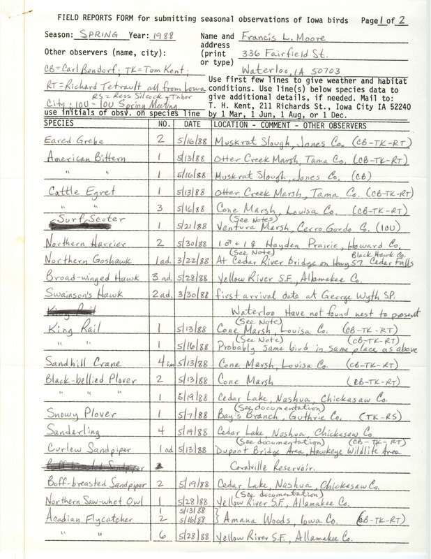 List of birds and locations contributed by Francis L. Moore with observers Carl J. Bendorf, Thomas H. Kent, Dick Tetrault and W. Ross Silcock. The field notes include details on five species of birds sighted. This item was used as supporting documentation for the Iowa Ornithologists Union Quarterly field report of spring 1988.