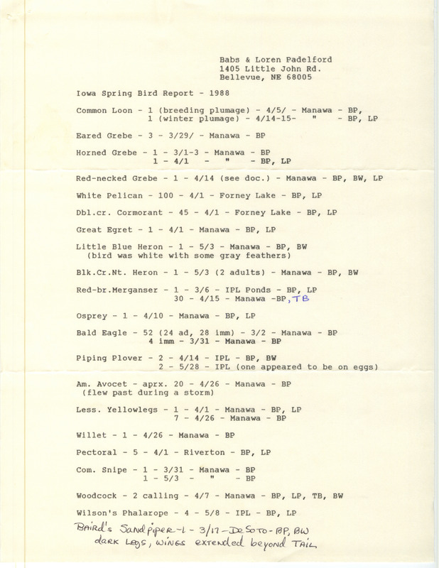 List of birds and locations contributed by Babs Padelford and Loren Padelford with observers Barbara L. Wilson and Tanya Bray. This item was used as supporting documentation for the Iowa Ornithologists Union Quarterly field report of spring 1988.