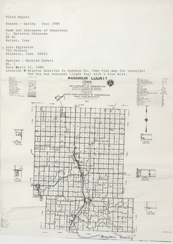 Two maps, one of Audubon County and one of Cass County, indicating the locations of Marbled Godwits and Great Egrets observed by Marietta Petersen and Lois Eggleston. This item was used as supporting documentation for the Iowa Ornithologists Union Quarterly field report of spring 1988.