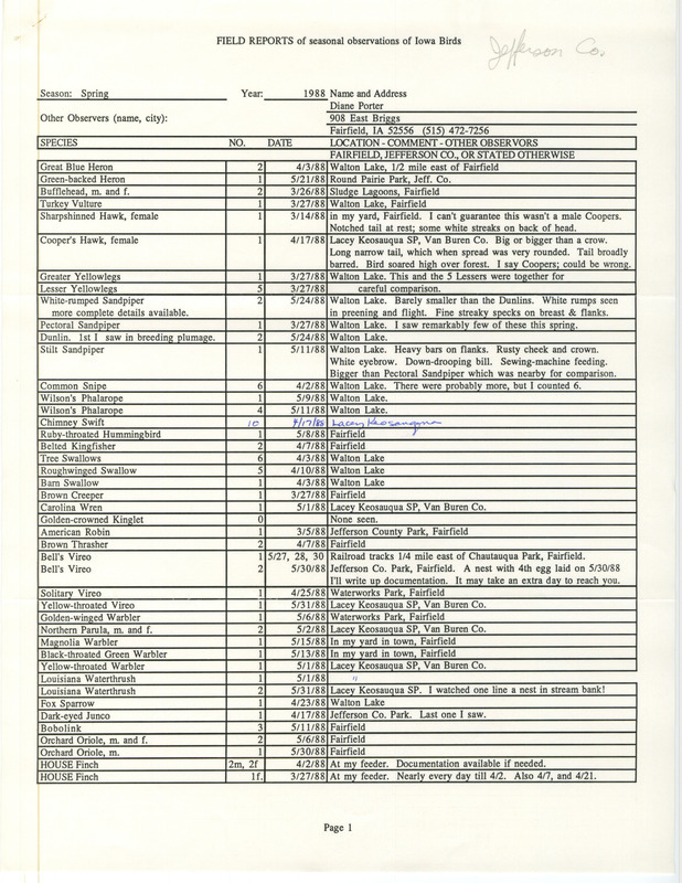 List of birds and locations contributed by Diane C. Porter. This item was used as supporting documentation for the Iowa Ornithologists Union Quarterly field report of spring 1988.