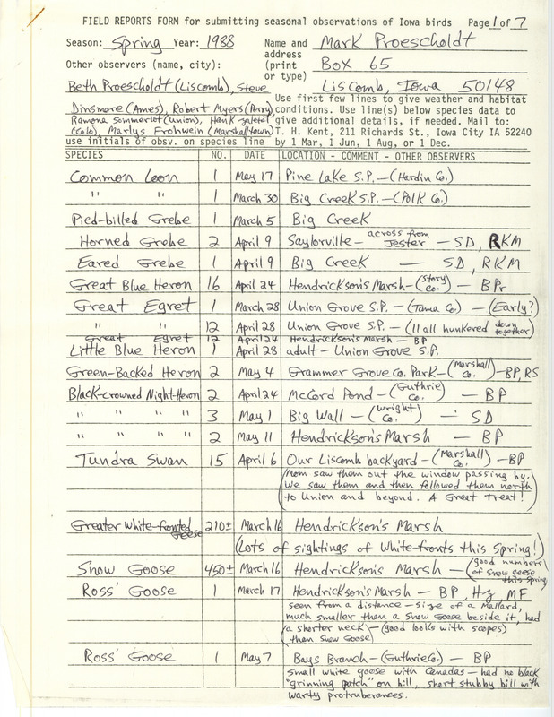 List of birds and locations contributed by Mark Proescholdt with observers Beth Proescholdt, Stephen J. Dinsmore, Robert K. Myers and others. This item was used as supporting documentation for the Iowa Ornithologists Union Quarterly field report of spring 1988.