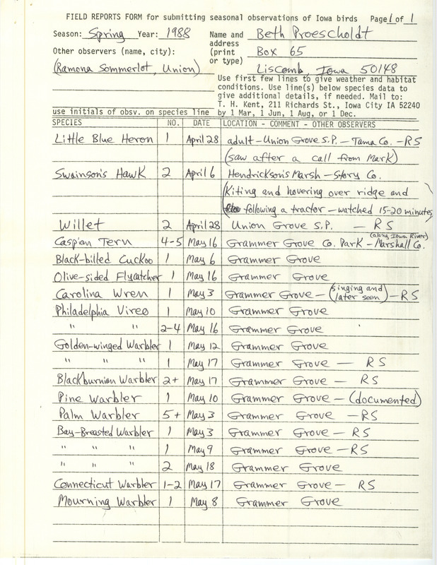 List of birds and locations contributed by Beth Proescholdt with observer Ramona R. Sommerlot. This item was used as supporting documentation for the Iowa Ornithologists Union Quarterly field report of spring 1988.