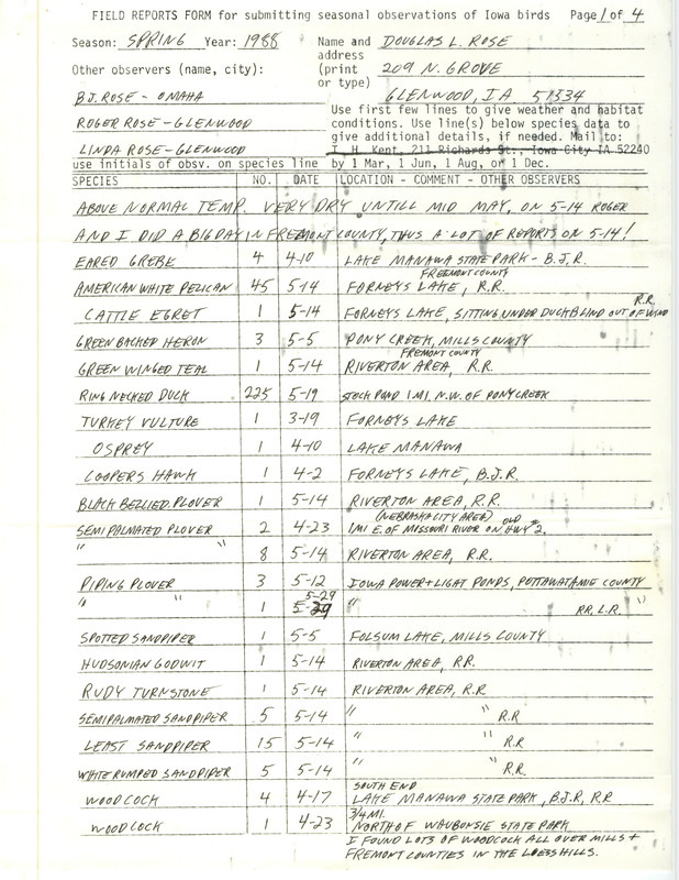 List of birds and locations contributed by Douglas Rose with observers B.J. Rose, Roger Rose and Linda Rose. This item was used as supporting documentation for the Iowa Ornithologists Union Quarterly field report of spring 1988.