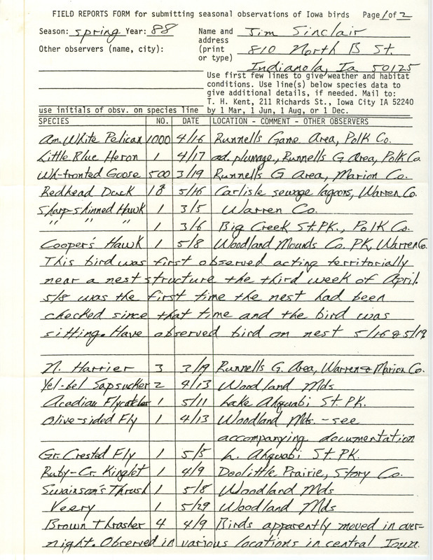 List of birds and locations contributed by Jim Sinclair. The field notes include detailed observations on Cooper's Hawk and House Finch. This item was used as supporting documentation for the Iowa Ornithologists Union Quarterly field report of spring 1988.