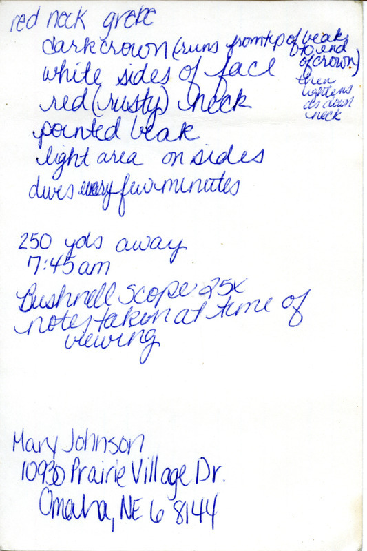 Field notes contributed by Mary Johnson include a single sighting of a Red-necked Grebe. The field notes contain a detailed description of the bird. This item was used as supporting documentation for the Iowa Ornithologists Union Quarterly field report of spring 1988.