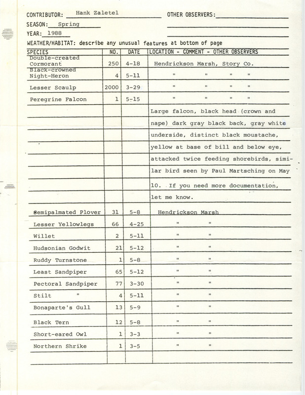 List of birds and locations contributed by Hank Zaletel. The field notes include a detailed description of the Peregrine Falcon. This item was used as supporting documentation for the Iowa Ornithologists Union Quarterly field report of spring 1988.