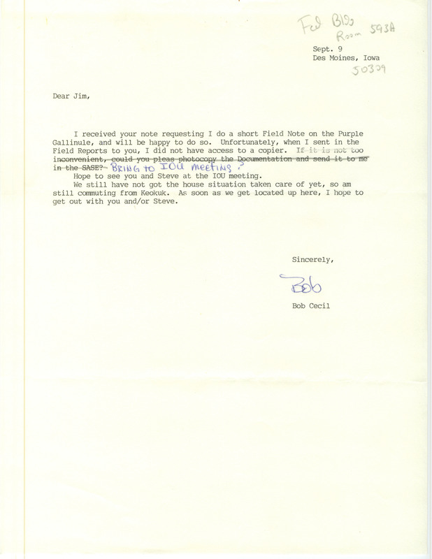 Robert I. Cecil letter to James J. Dinsmore responding to a request to write a short field note on the Purple Gallinule. This item was submitted past the deadline for the Iowa Ornithologists Union Quarterly Report of summer 1988.