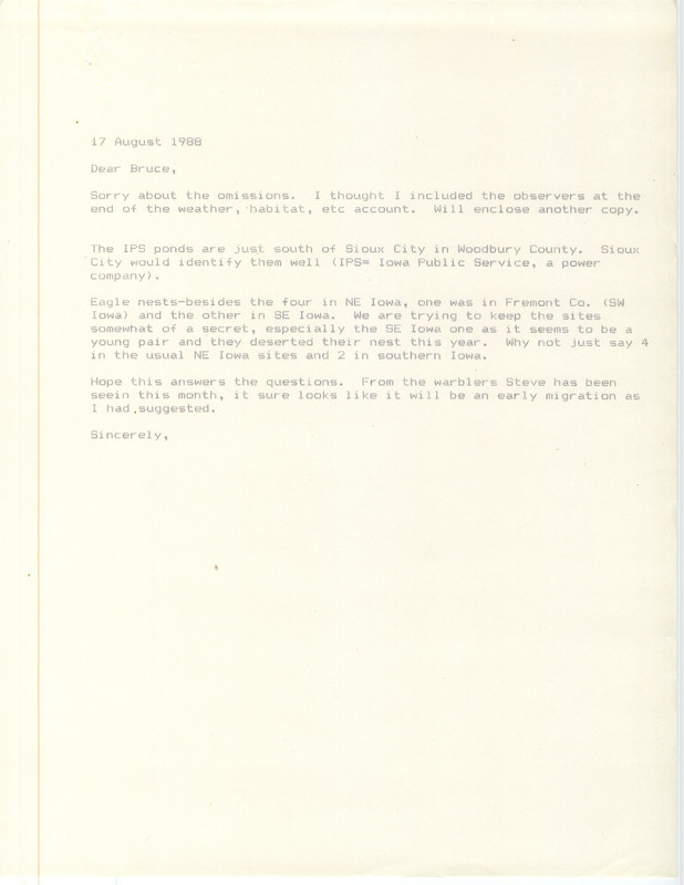 James J. Dinsmore letter to Bruce G. Peterjohn responding to a request for additional field note information including a Bald Eagle nest location. This item was used as supporting documentation for the Iowa Ornithologists Union Quarterly field report of summer 1988.