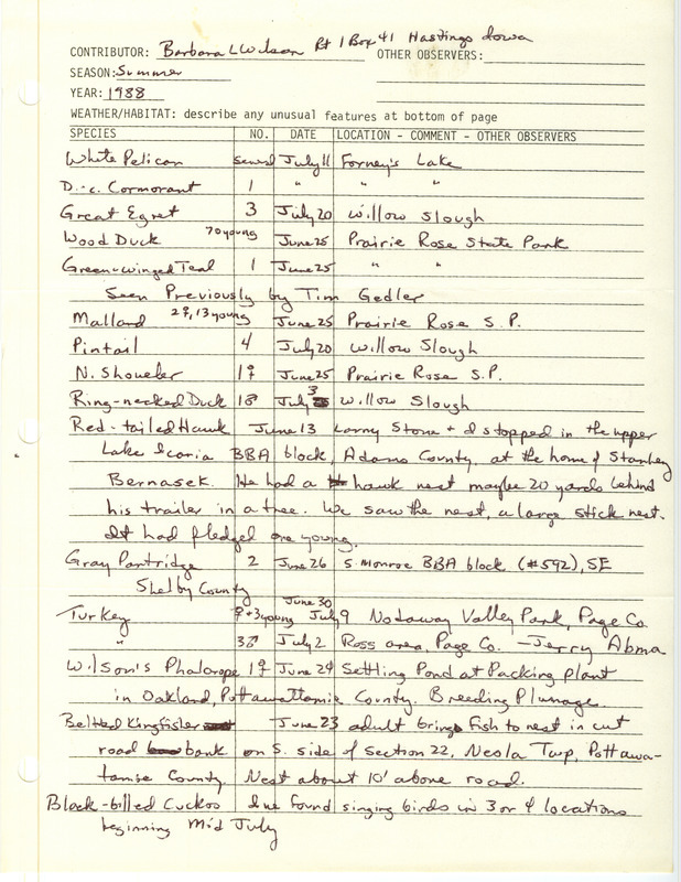 List of birds and locations contributed by Barbara L. Wilson with observers Larry Stone and Jerry Abma. The field notes include detailed information on a deceased Common Grackle. This item was used as supporting documentation for the Iowa Ornithologists Union Quarterly field report of summer 1988.