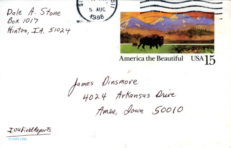 Field notes contributed by Dale Stone in a letter to James J. Dinsmore regarding the sighting of twelve Upland Sandpipers. This item was used as supporting documentation for the Iowa Ornithologists Union Quarterly field report of summer 1988.