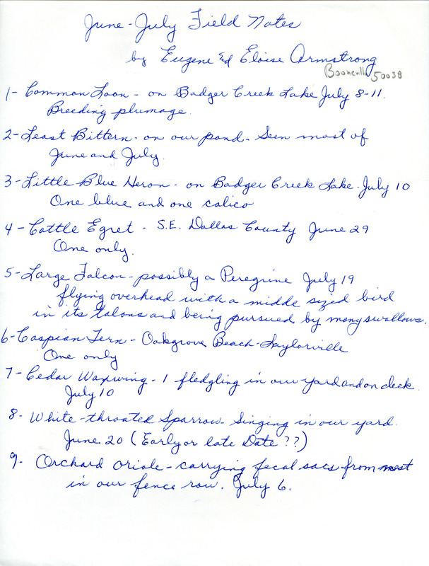 List of birds and locations contributed by Eugene Armstrong and Eloise Armstrong. This item was used as supporting documentation for the Iowa Ornithologists Union Quarterly field report of summer 1988.