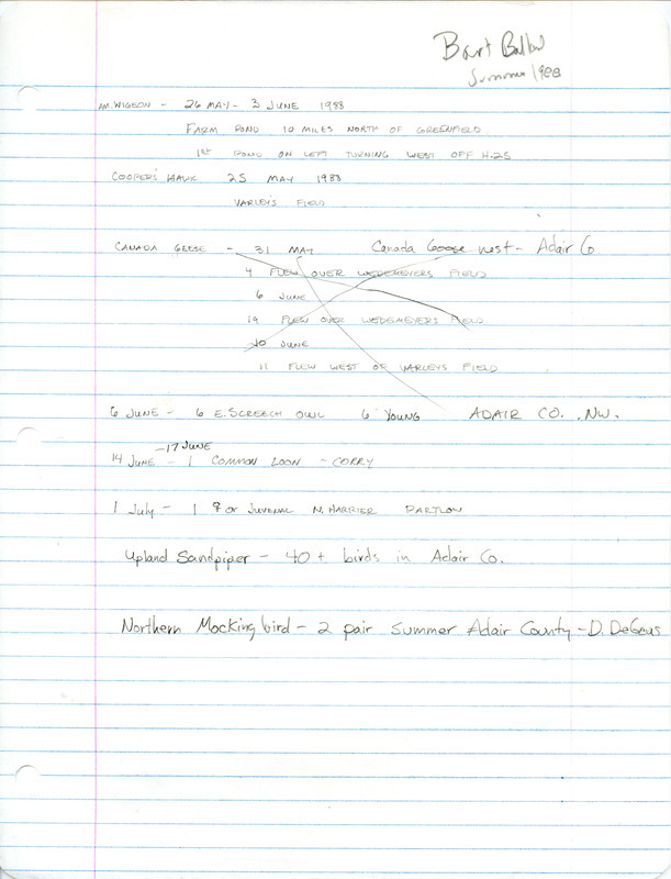 List of birds and locations contributed by Bart M. Ballard with observer David DeGeus. This item was used as supporting documentation for the Iowa Ornithologists Union Quarterly field report of summer 1988.