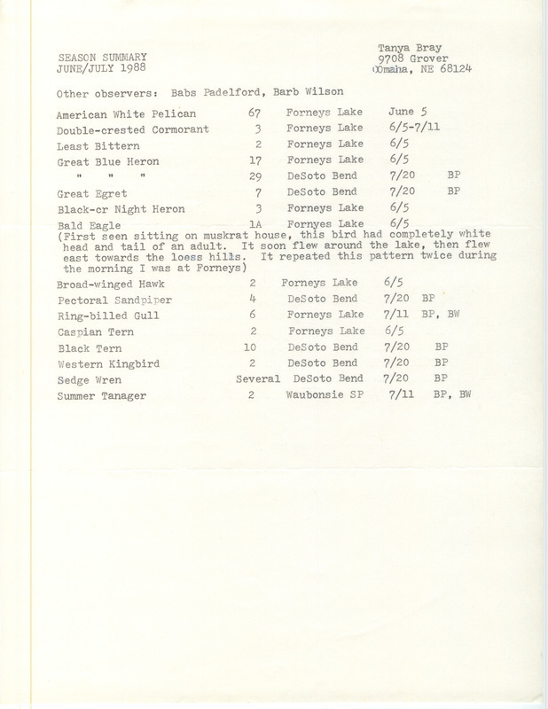 List of birds and locations contributed by Tanya Bray with observers Babs Padelford and Barbara L. Wilson. This item was used as supporting documentation for the Iowa Ornithologists Union Quarterly field report of summer 1988.