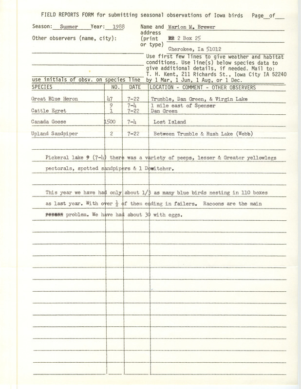 List of birds and locations contributed by Marion M. Brewer. This item was used as supporting documentation for the Iowa Ornithologists Union Quarterly field report of summer 1988.