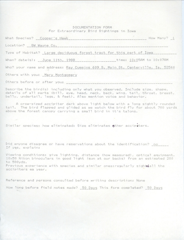 Documentation supporting the sighting of a Cooper's Hawk in south-west Wayne County, contributed by Raymond L. Cummins with observer Mary Montgomery. This item was used as supporting documentation for the Iowa Ornithologists Union Quarterly field report of summer 1988.