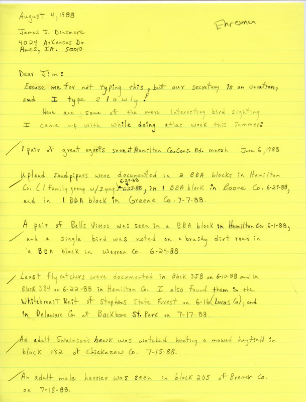 Field notes contributed by Bruce Ehresman in a letter to James J. Dinsmore. This item was used as supporting documentation for the Iowa Ornithologists Union Quarterly field report of summer 1988.