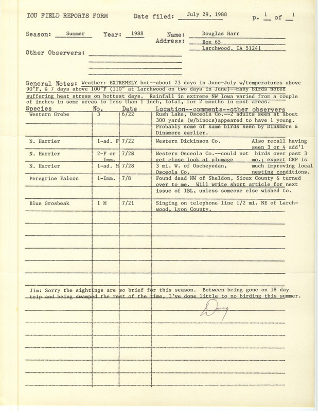 List of birds and locations contributed by Douglas C. Harr. The field report includes information on a deceased Peregrine Falcon. This item was used as supporting documentation for the Iowa Ornithologists Union Quarterly field report of summer 1988.