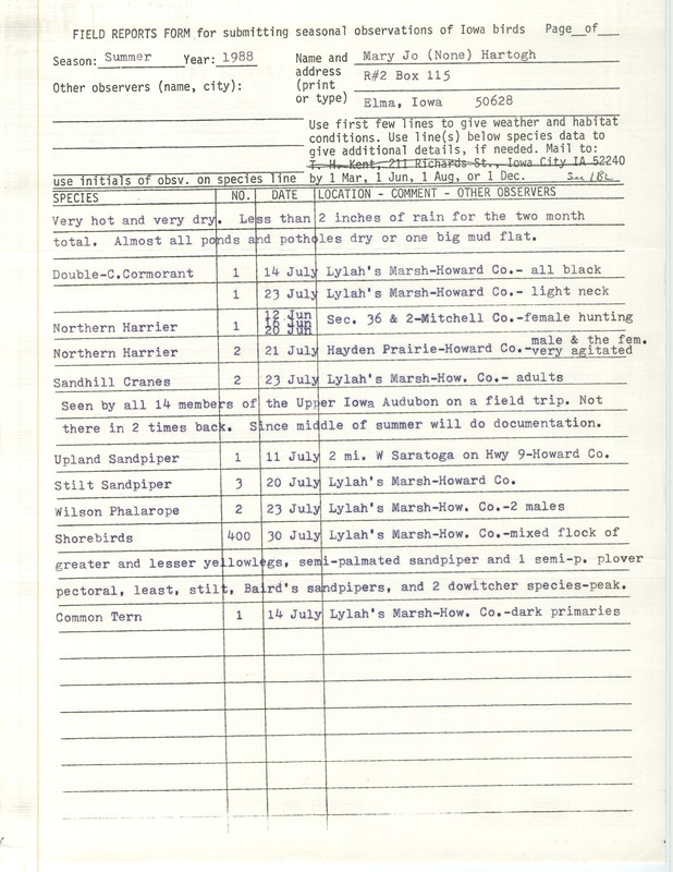 List of birds and locations contributed by Mary Jo Hartogh. This item was used as supporting documentation for the Iowa Ornithologists Union Quarterly field report of summer 1988.