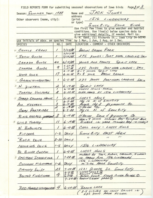 List of birds and locations contributed by Jack Jones. This item was used as supporting documentation for the Iowa Ornithologists Union Quarterly field report of summer 1988.