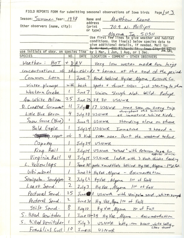 List of birds and locations contributed by Matthew Kenne. This item was used as supporting documentation for the Iowa Ornithologists Union Quarterly field report of summer 1988.