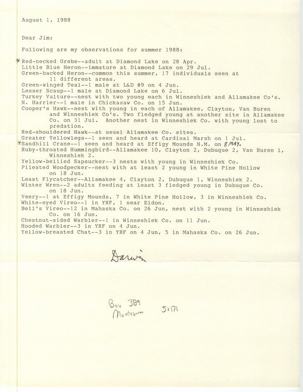 Field notes contributed by Darwin Koenig in a letter to James J. Dinsmore. This item was used as supporting documentation for the Iowa Ornithologists Union Quarterly field report of summer 1988.