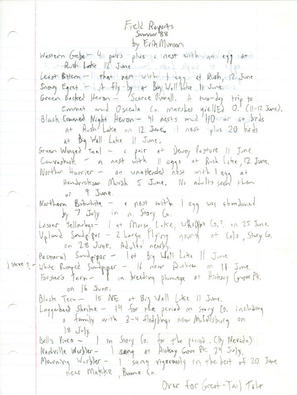 List of birds and locations contributed by Erik Munson. This item was used as supporting documentation for the Iowa Ornithologists Union Quarterly field report of summer 1988.