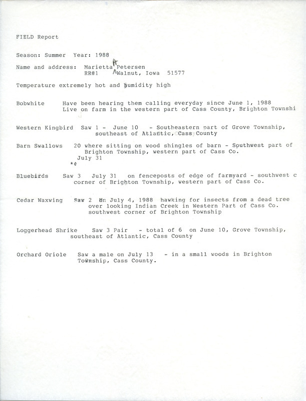 List of birds and locations contributed by Marietta Petersen. This item was used as supporting documentation for the Iowa Ornithologists Union Quarterly field report of summer 1988.