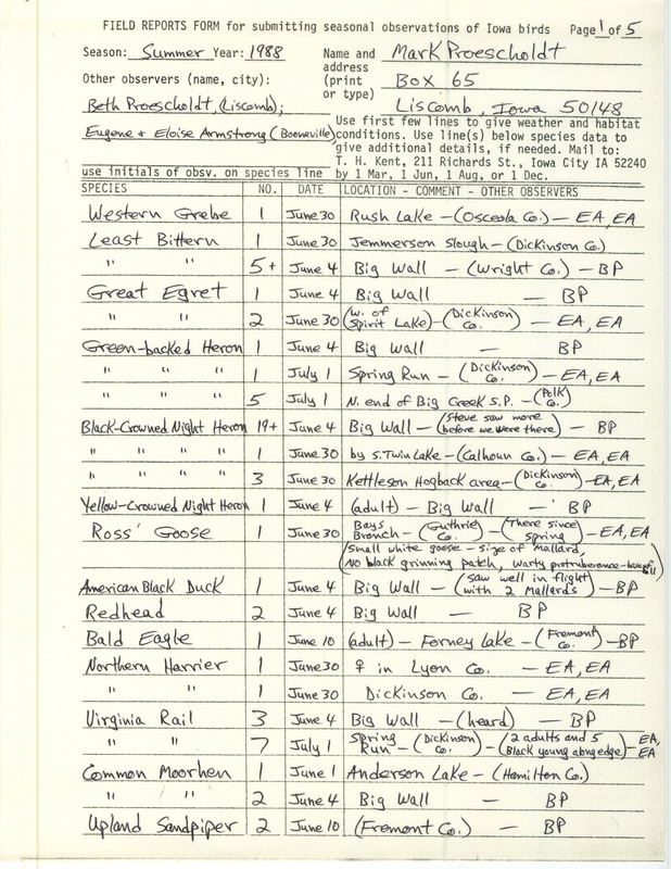 List of birds and locations contributed by Mark Proescholdt with observers Beth Proescholdt, Eloise Armstrong, Eugene Armstrong and Robert I. Cecil. This item was used as supporting documentation for the Iowa Ornithologists Union Quarterly field report of summer 1988.