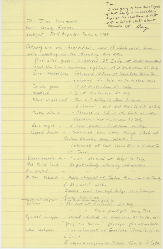 List of birds and locations contributed by Doug Reeves with observers. This item was used as supporting documentation for the Iowa Ornithologists Union Quarterly field report of summer 1988.