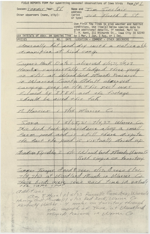 List of birds and locations contributed by Jim Sinclair. The field report includes a note about Cooper's Hawk fledglings. This item was used as supporting documentation for the Iowa Ornithologists Union Quarterly field report of summer 1988.