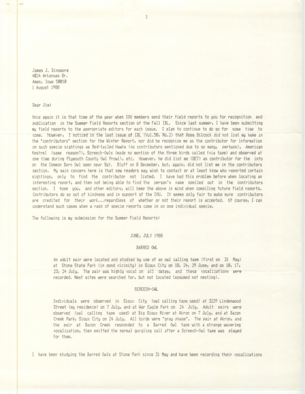 Field notes contributed by Douglas E. Trapp in a letter to James J. Dinsmore. The field notes include his observations of a pair of Barred Owls and several Eastern Screech Owls. This item was used as supporting documentation for the Iowa Ornithologists Union Quarterly field report of summer 1988.