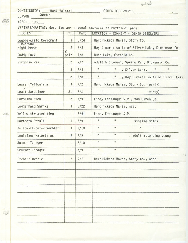 List of birds and locations contributed by Hank Zaletel. This item was used as supporting documentation for the Iowa Ornithologists Union Quarterly field report of summer 1988.