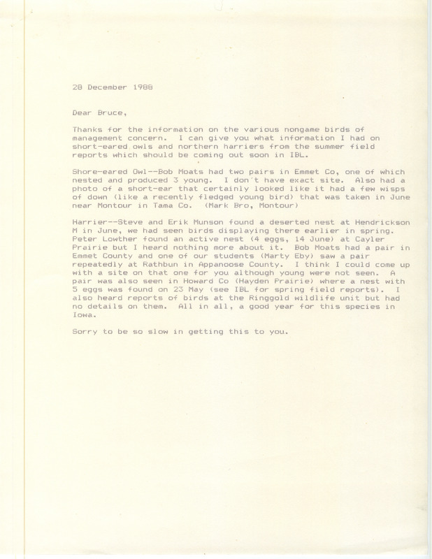 James J. Dinsmore letter to Bruce Ehresman with details on nesting areas of Short-eared Owls and Northern Harriers. This item was submitted past the deadline for the Iowa Ornithologists Union Quarterly Report of summer 1988.