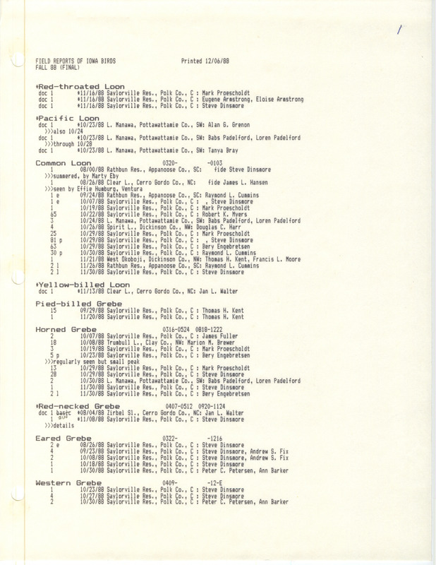 List of birds and locations from across the state. This item was used as supporting documentation for the Iowa Ornithologists Union Quarterly field report of fall 1988.