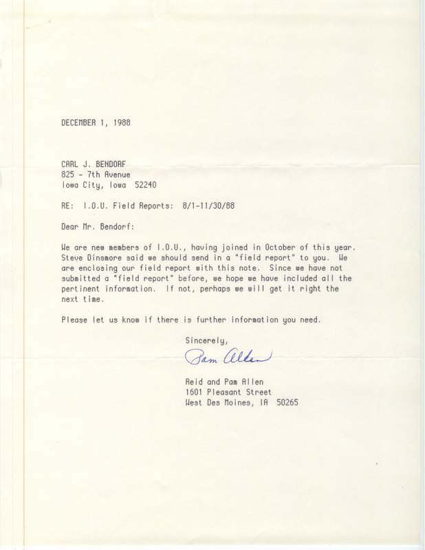 List of birds and locations contributed by Pam Allen and Reid I. Allen. Included with the field notes is a letter from Pam Allen and Reid I. Allen to Carl J. Bendorf noting this is their first field report for IOU. This item was used as supporting documentation for the Iowa Ornithologists Union Quarterly field report of fall 1988.