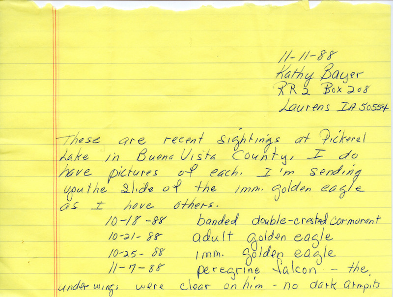 List of birds and locations contributed by Kathy Bayer. This item was used as supporting documentation for the Iowa Ornithologists Union Quarterly field report of fall 1988.